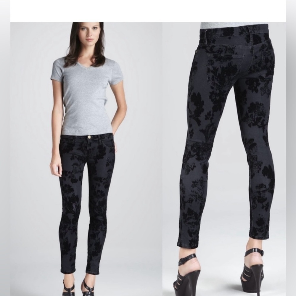 Current/Elliott Women's Velvet Floral Ankle Skinny Jeans in Black Size 28